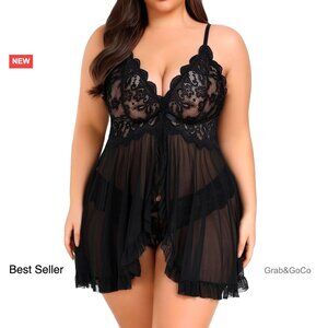 Plus Size Lace Babydoll Nightdress V-Neck Open Front Adjustable Straps Sexy